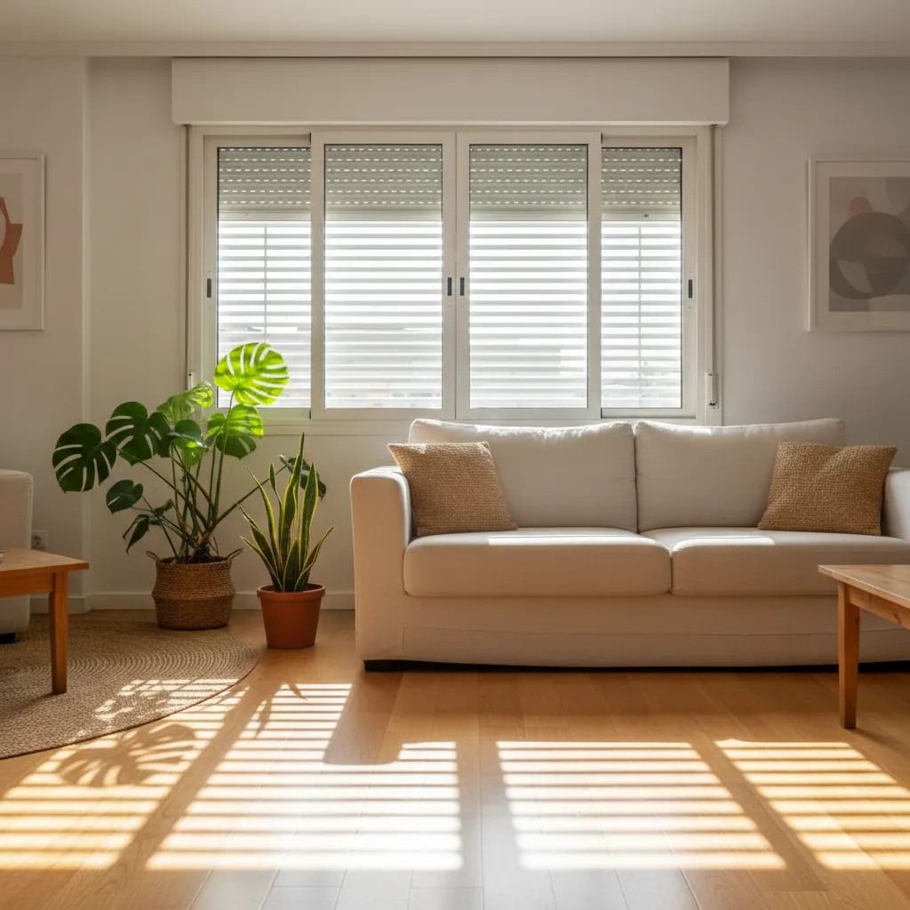 Persianas filtrando luz natural en salon de vivienda en Palau-solità i Plegamans